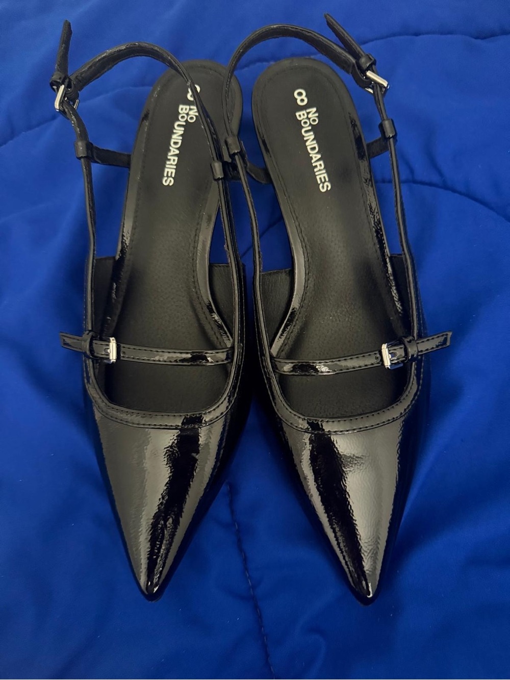 No Boundaries Black Patent Pointed Toe Slingback Heels